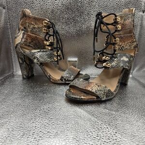 KAARI blue Arianna Snake Skin Ankle Sandals Women 7.5 M 3" Heel - Reptile Design